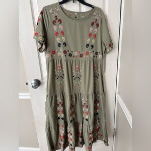 Floral Embroidered Olive Green Dress